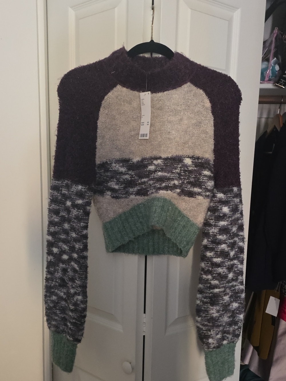 Urban Outfitters Colorblock Cropped Sweater in Purple, Cream & Green